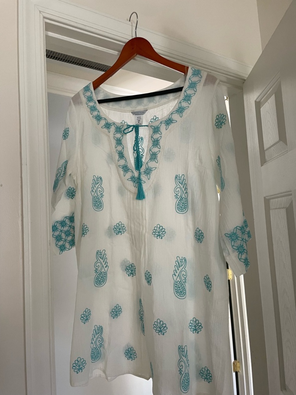Trina Turk White Tunic with Teal Embroidery and Tassel Tie